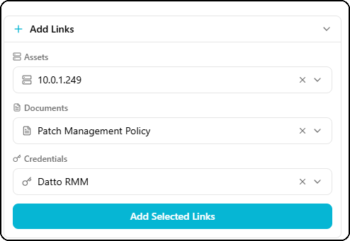 Add links dialog — Assets, Documents, Credentials