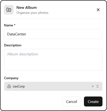 Create a new album with name, description, and company