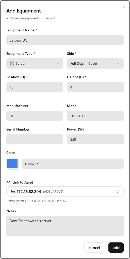 Add equipment dialog