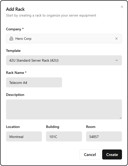 New rack creation dialog