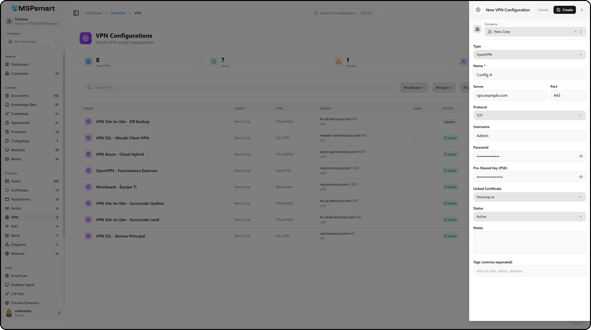 Formulaire de creation d'une nouvelle configuration VPN